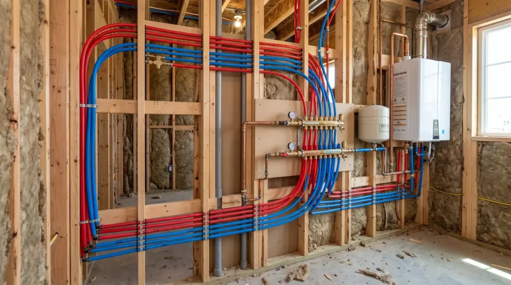 PEX plumbing color coding guide showing red hot water blue cold water lines Abilene TX
